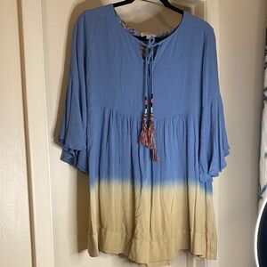Umgee Blue to Tan Dip-Dye Boho Tie-Front  Excellent Condition